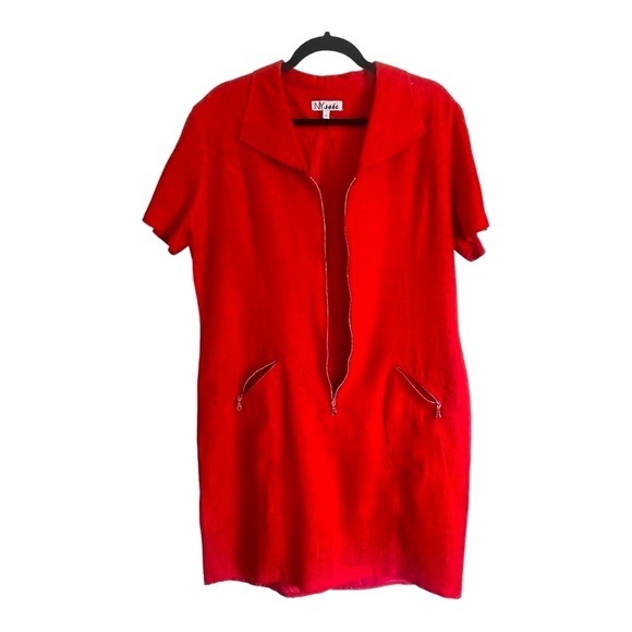 NY Sake LINEN Shirt Dress Silver Hardware Zip front, zipper pockets Red Size 1… - Picture 2 of 16